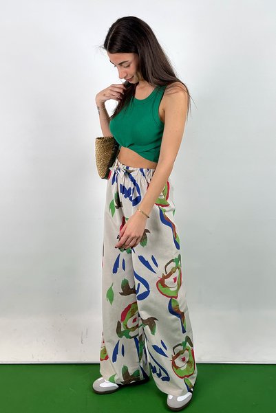 Love The Wind Pistachio Green Patterned Cotton-Linen Flowy Palazzo Pants