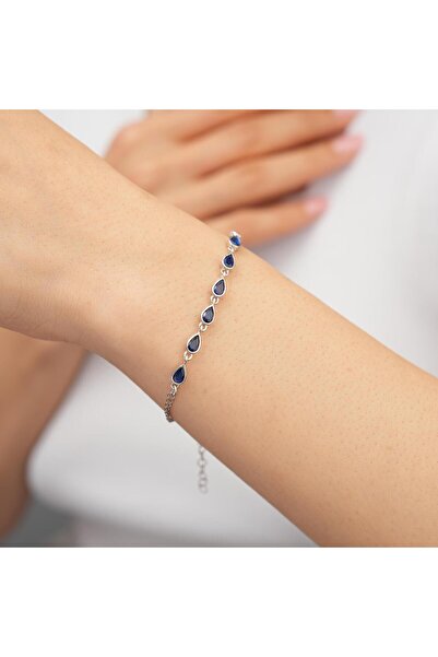 Siset Gümüş 925 Ayar Rodyum Kaplama Safir Taşlı Damla Su Yolu Gümüş Bileklik