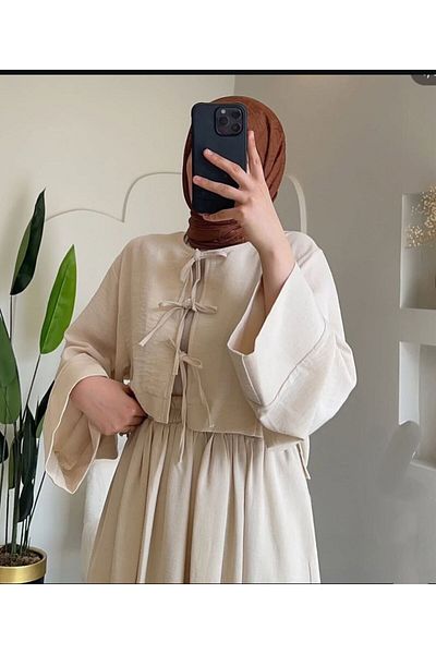 Butik İnci Wears 3 Tie Linen Skirt Suit Beige