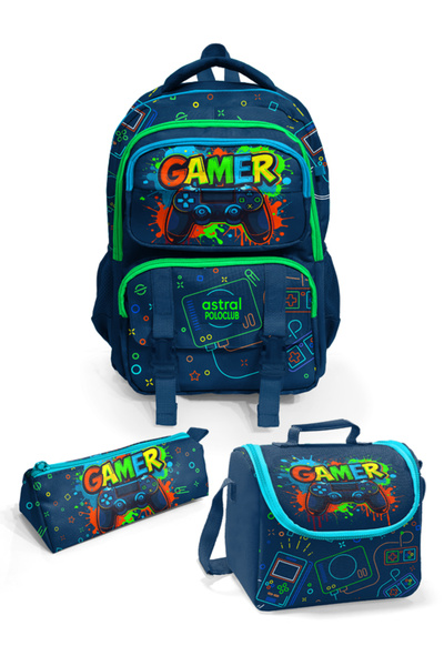 Astral Polo Club Gamer Desenli Beş Bölmeli 3'lü Okul Çanta Seti