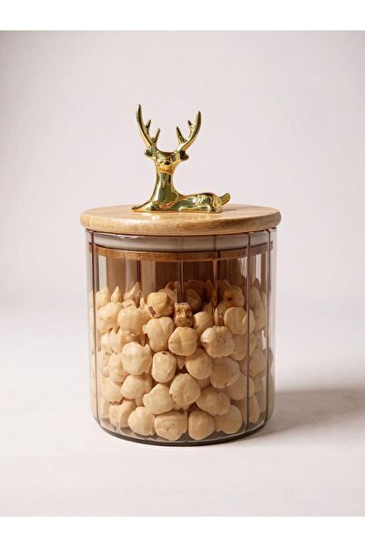 Yenigeldi (9X10Cm) 600ml 1Pcs Amber Color Deer Glass Storage Jar Deer Head Gold Color Y-481