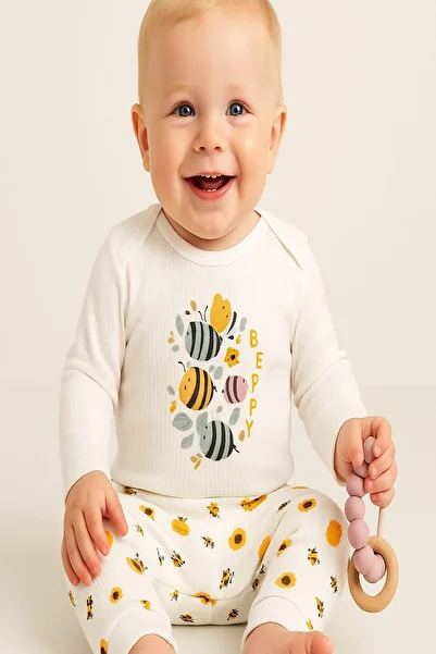 dinamik çocuk Bee Printed Corded Fabric Baby Girl's Set with Snap Fasteners, 100% Cotton, 2-Piece Bottom Top, 0-3-6-9 Months