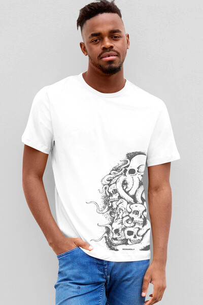 ROCKANDROLL Tricou alb cu mânecă scurtă pentru bărbați Octopus Mare