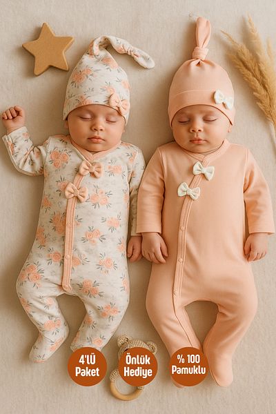 Babydonat 100% Cotton Floral Patterned Baby Girl 4-Piece Jumpsuit Set (0-6 Months) |