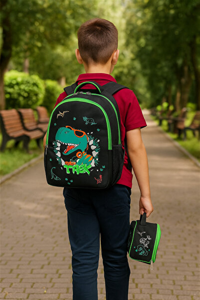 NEWFULL Раница за училище за момчета с динозаври - комплект от 2 части (НОВ С...