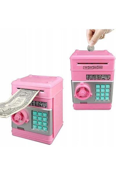 LUDIRO Pusculita Seif pentru Copii, Sunete si Lumini, Rulare automata a Bancnotelor, 19.5x13x12 Cm, Roz