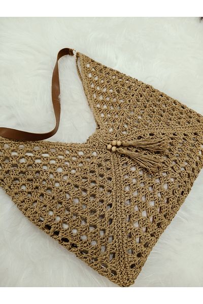 zümal tekstil tasarım Hand Knitted Paper Thread Leather Strap Women's Shoulder Bag (Color Straw)