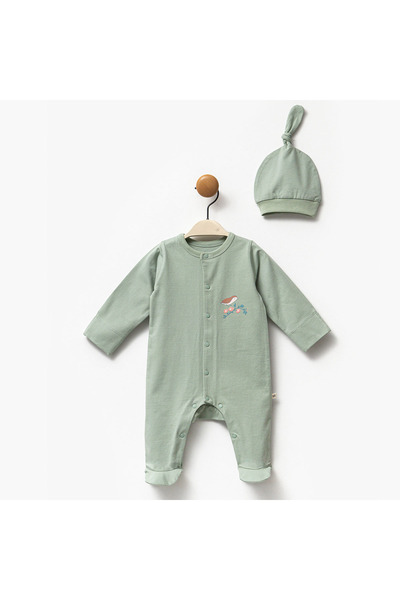 HENGAME Moi Noi Baby Girl Jumpsuit مع قبعة مطبوعة على شكل طائر - أخضر (0-3 أش...