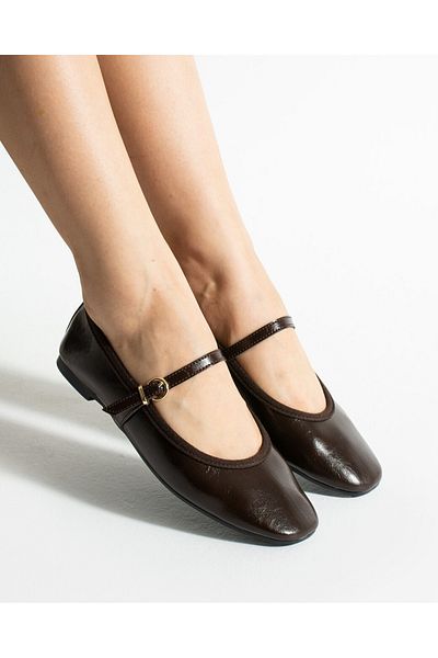 Lorenn Bella Brown Matte Skin Gold Buckle Detailed Orthopedic Flat Sole Women's Daily Ballerinas