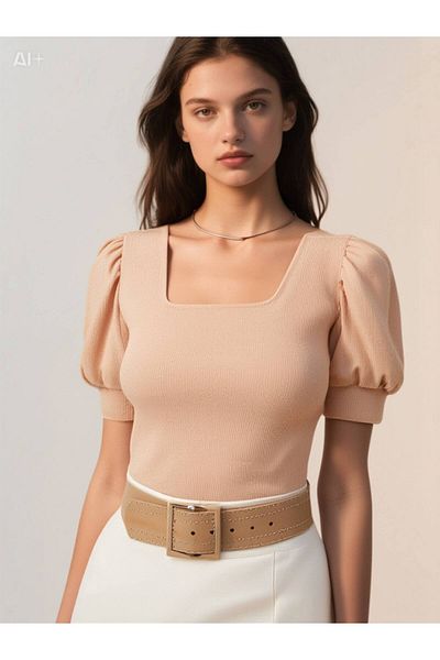 hazelin Women's Biscuit Square Neck Knitted Blouse Hzl22w-bd104091