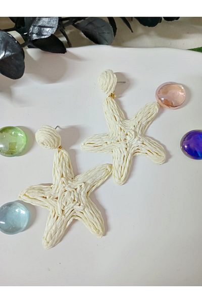 mos&more Ecru Starfish Raffia Beach Women's Earrings
