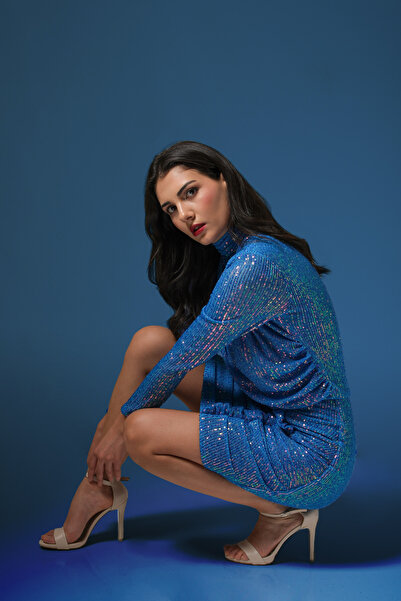 ElifNaz Hologram Mercan Mavi Payetli Elbise