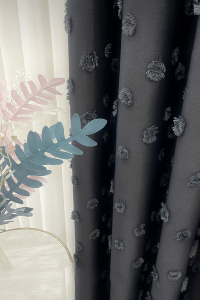 Emuz Püsküllü Antrasit Renk Fon 1 / 3 Sık Pileli Fon, Perde, Tül, ( Tek Kanat )