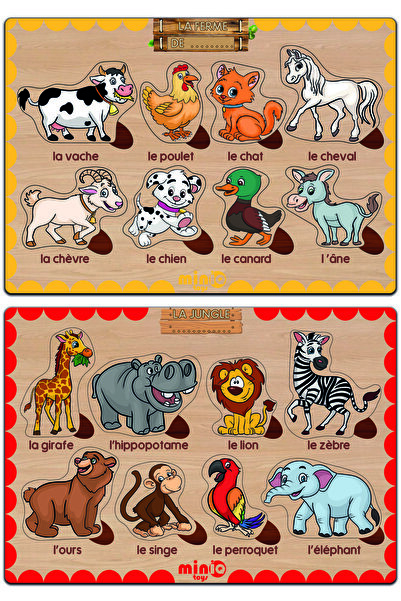 minİQ toys مجموعة حيوانات الغابة الفرنسية الخشبية وحيوانات المزرعة مكونة من ق...