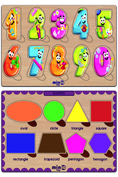 minİQ toys أرقام إنجليزية خشبية وأشكال هندسية مجموعة من 2 أحجية تعليمية