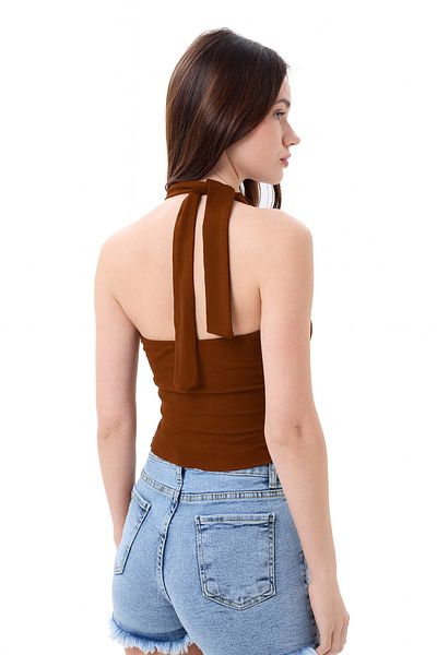 vesantia Women's Bitter Brown Buckle Halter Neck Sleeveless Draped Knitted Viscose Single Jersey Blouse