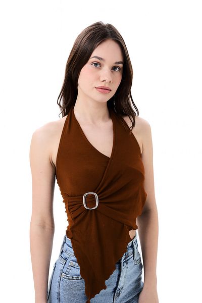 vesantia Women's Bitter Brown Buckle Halter Neck Sleeveless Draped Knitted Viscose Single Jersey Blouse