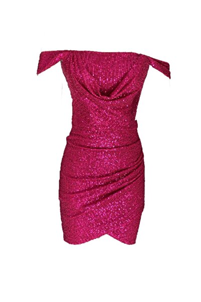 ElifNaz Payetli Korsajlı Degaje Yaka Elbise Fuşya