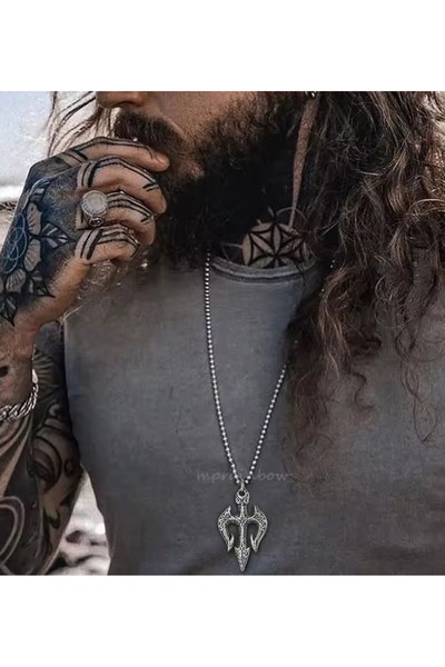 VİKİNGS Paslanmaz Çelik Neptune Trident Gladyatör Poseidon Mızrak Erkek Kolye