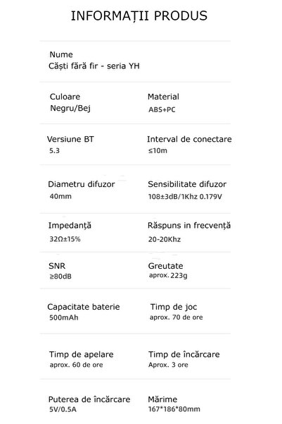 GBV LOGIC Casti bluetooth wireless GBV LOGIC cu anularea zgomotului exterior, baterie 500 mAh,autonomie 70h