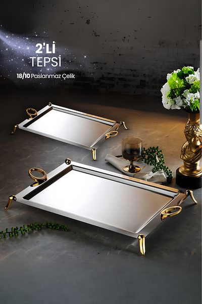 ÖzSa Home 2-Piece Vanes Tray 18/10 Stainless Steel Footed Tray Set Tea and Coffee Serving Presentation Treat Tray