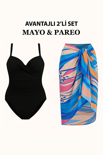 Bermody French Inspired Gathering Draped Swimsuit Pareo Set of 2 with Adjustable Straps, Stylish and Slimming Effect