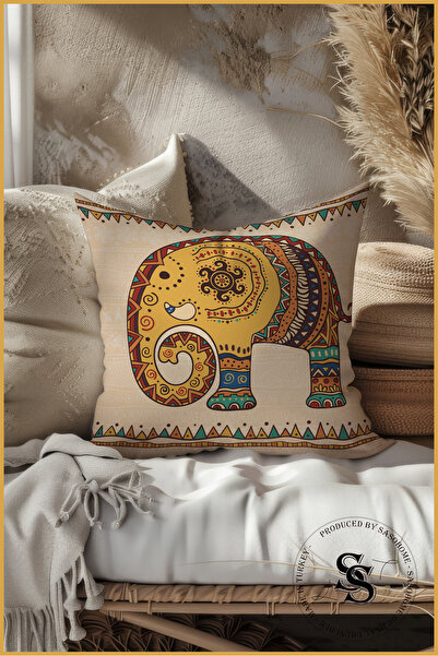 SasoHome Етнічний індійський вишитий візерунок слона 3D цифровий друкований чохол для подушки на кремовому грунті