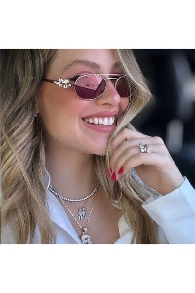 MONAL MIUW نظارة شمسية سوداء بمقبض معدني فضي وإطار بيضاوي من الزجاج العضوي 50...