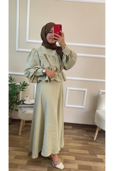 Miraydın Butik Set cămașă și fustă cu șnur pentru femei M41355 - Verde mucegai