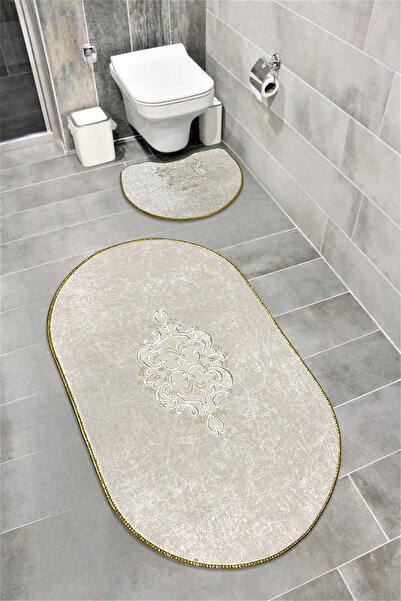 FeelHome Набір з 2-х оксамитових суперлюксових овальних килимків для ванної кімнати - Akseki Нековзне дно та поглинаюча екрю