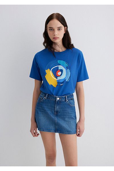 Mavi Evil Eye Bead Printed Navy Blue T-Shirt Crop / Short Cut 1613450-88121