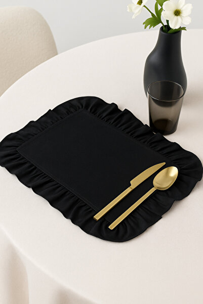 Mirilliahome 6'lı Siyah Fırfırlı Pamuk Keten Amerikan Servis - Keten Supla - 4 Kenar Fırfırlı