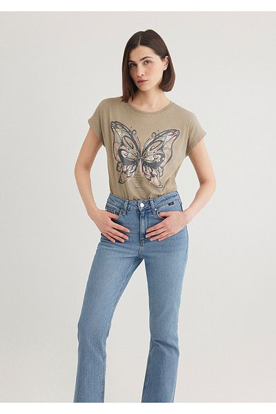 Mavi Tricou maro cu imprimeu fluture Regular Fit 1612619 -70354