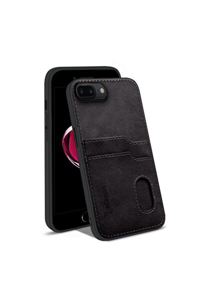 Zebana Apple iPhone 7 Plus Uyumlu Kılıf Kartlıklı Lüx Deri Kılıf Siyah