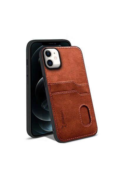 Zebana Apple iPhone 12 Uyumlu Kılıf Kartlıklı Lüx Deri Kılıf Kahverengi