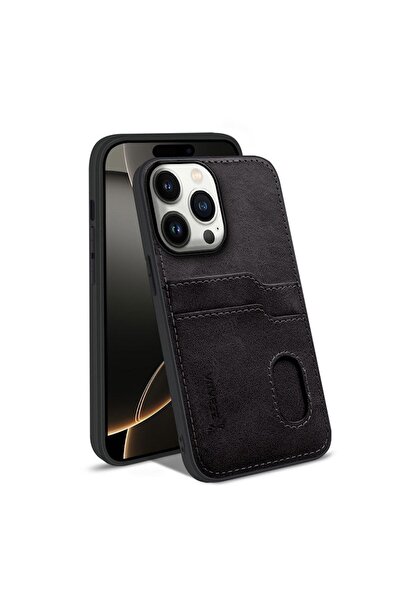 Zebana Apple iPhone 13 Pro Max Uyumlu Kılıf Kartlıklı Lüx Deri Kılıf Siyah