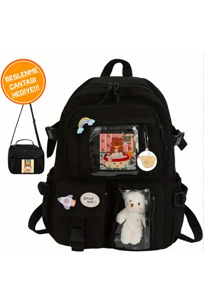 Minga London Rucsac de școală în stil coreean Kawaii cu accesorii și ursuleț negru -Minga London