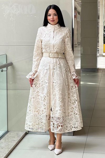 Mahal Guipure Dress with Belted Sleeve Ends Valon