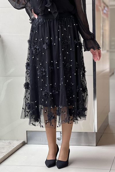 Mahal Pearl and Rhinestone Flower Embroidery Embroidered Tulle Skirt