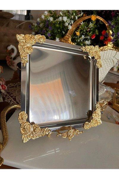LOKMAN ZÜCCACİYE 1 adet Gümüş Gold Detaylı 18/10 Çelik Kahve Sunum Tepsisi