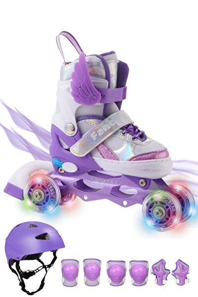 Sportaj Angel Wings Lighted Children's Skating Helmet and Knee Pad Set Silicone Wheel Adjustable Skates with Bag