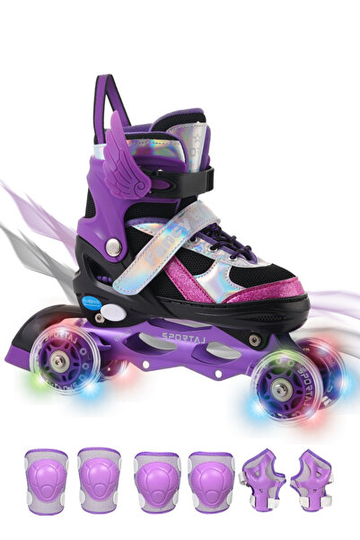 Sportaj Angel Wings Lighted Children's Skates and Knee Pads Set Silicone Wheel Adjustable Skates with Bag Purple