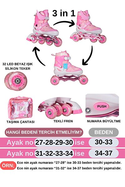 Toyaş Pink Adjustable 2+2 Lighted Metal Practice Skates with Carrying Bag