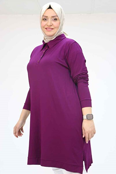 Eslina 28077 Large Size Polo Collar Half Placket Combed Cotton Tunic - Plum