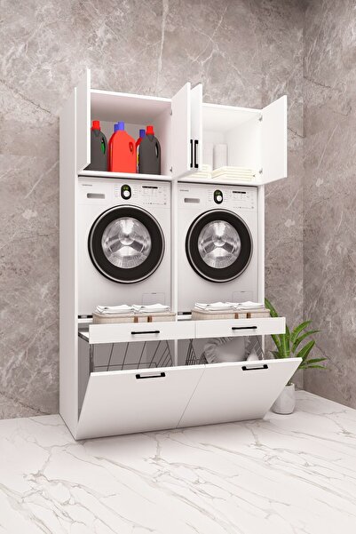 DEMİRBAL MOBİLYA Mdf Çamaşır Makinesi Kurutma Makinesi Dolabı Kirli Sepetli