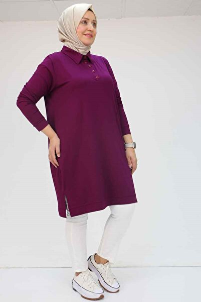 Eslina 28077 Large Size Polo Collar Half Placket Combed Cotton Tunic - Plum
