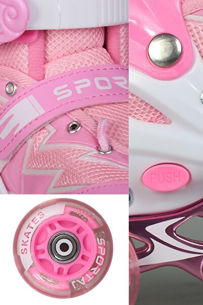 Toyaş Pink Adjustable 2+2 Lighted Metal Practice Skates with Carrying Bag