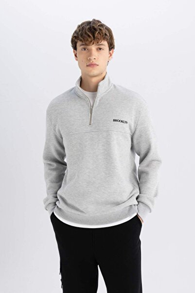 DeFacto Relax Fit Fermuarlı Dik Yaka Baskılı Kalın Sweatshirt D2165AX24AU