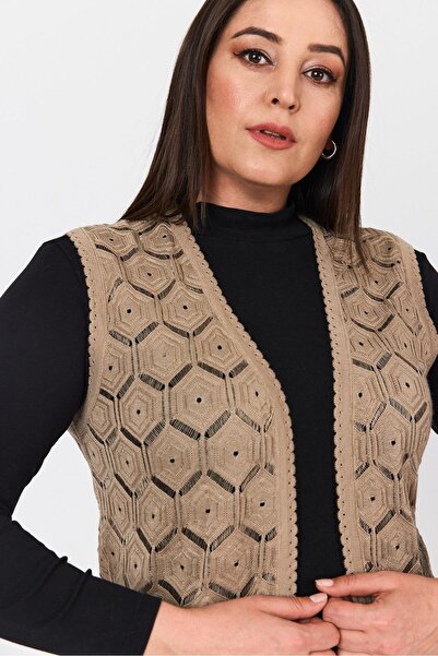 Uludağ Triko Kadın Kum İşlemeli Merserize Mevsimlik Triko Anne Yelek