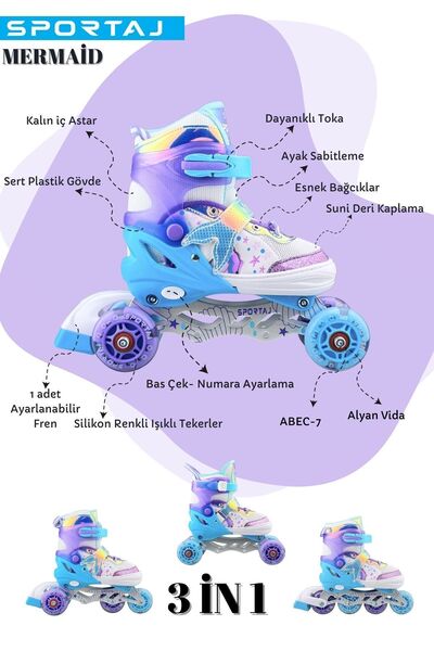 Sportaj Deniz Kızı Işıklı Paten Kask Koruma Seti 2+2 Kız Çocuk Pateni Silikon Teker,Taşıma Çantalı 3 in 1 Te
